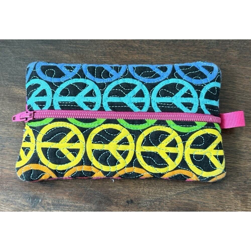 Colorful Peace Sign Pouch/Coin/Cards/Bills/Tissue 5” X 3” Zipper Retro Hippie